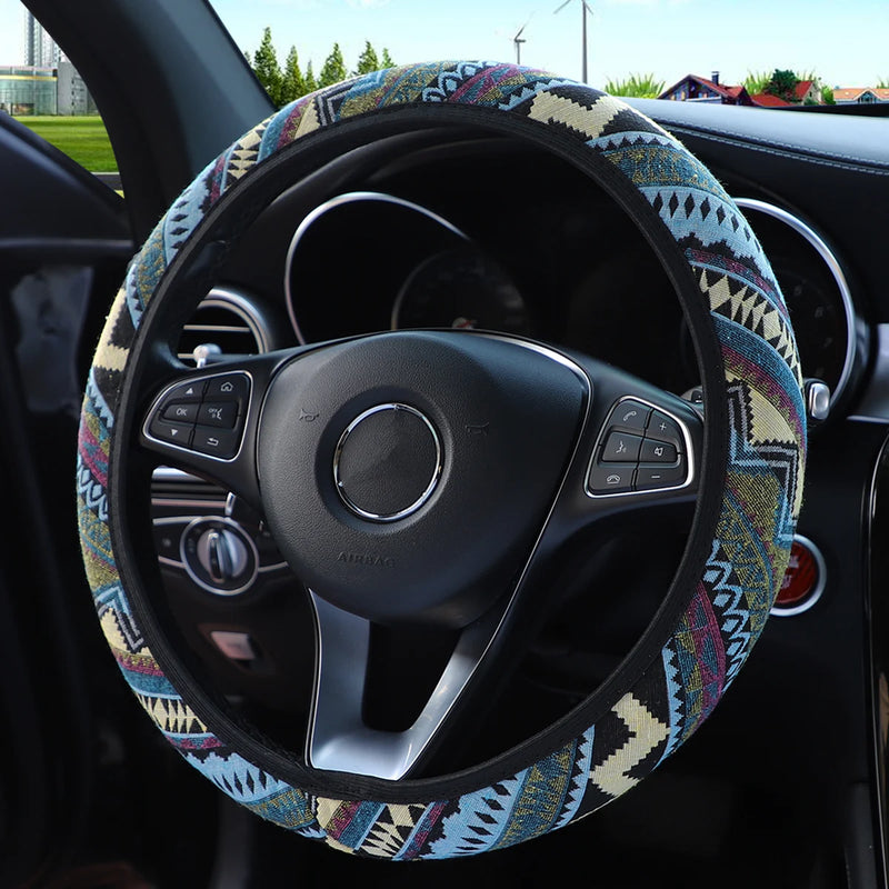 1 linen breathable fabric Bohemian style automotive supplies without inner ring steering wheel cover fits 14.5-15 inches