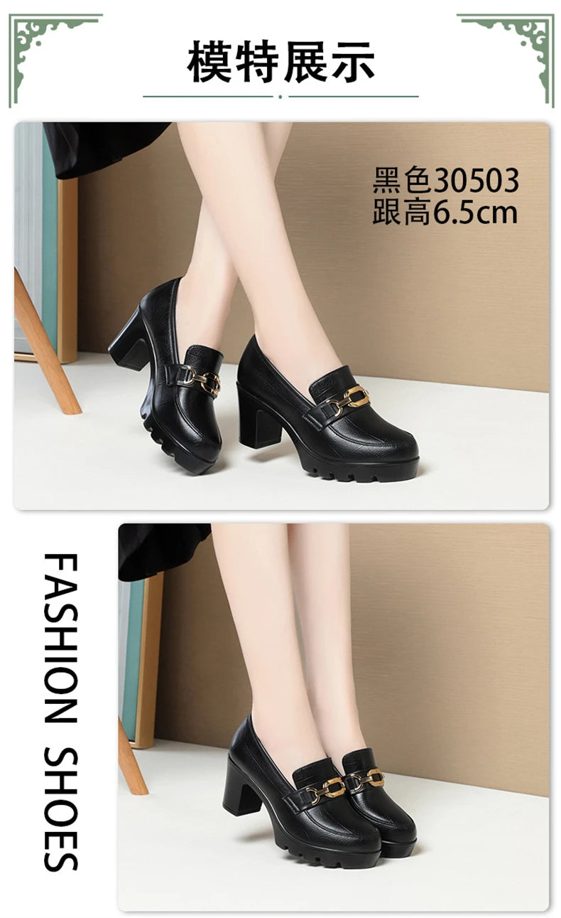 Soft Leather Black Shoe Woman Block Pumps 2024 Thick Bottom Platform Shoes Model Office Work 6.5 cm 8 cm High Heels Grace