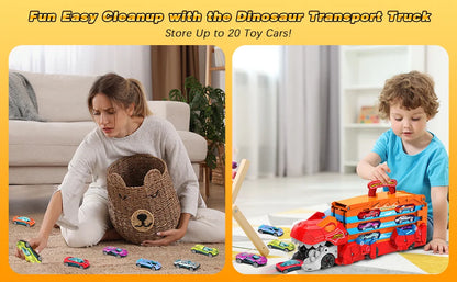 Dinosaur 3-In-1 Transport Truck Car Toys for Boys Age 3+ 8 Race Cars Ejection Folding Portable Track Toy with Sound for Kids