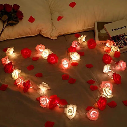 Guirnalda de luces LED con flores artificiales, ramo de rosas, lámpara romántica, guirnalda de luces de hadas para decoración de bodas y San Valentín