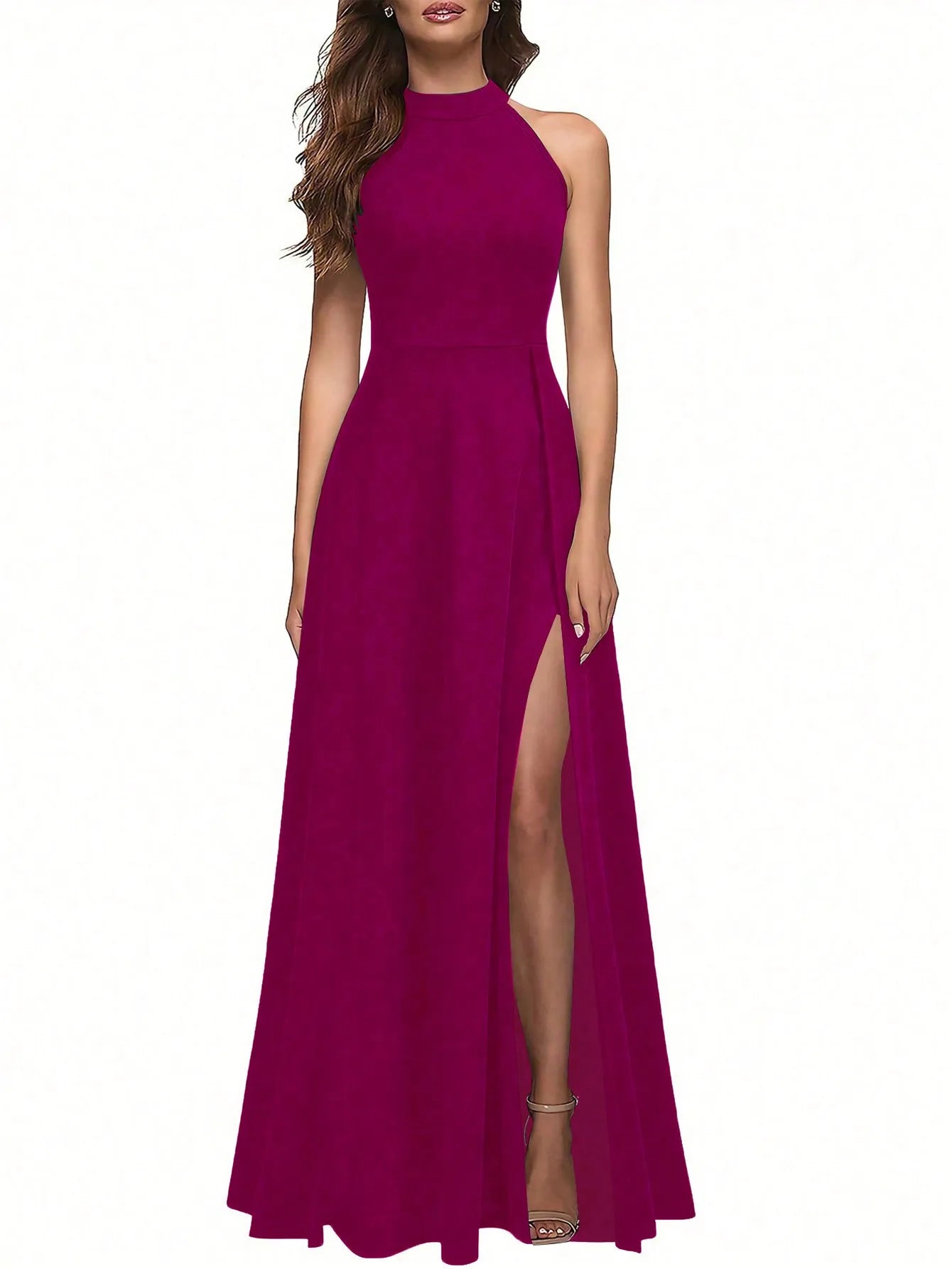 Solid Color High Neck Side Slit Long Evening Gown for Women - Slimming Elegant Formal Dress for Banquets and Parties