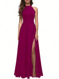 Solid Color High Neck Side Slit Long Evening Gown for Women - Slimming Elegant Formal Dress for Banquets and Parties