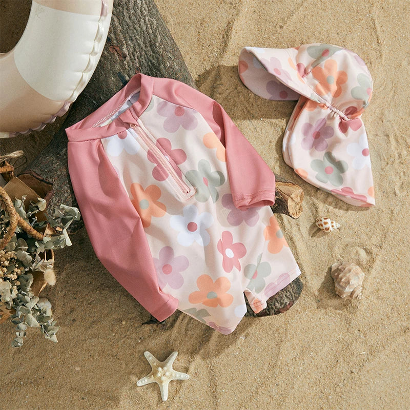 Toddler Girls Boys Beach Wear Kids Swimwear Summer Long Sleeve Floral/Tropical Print Zip Up Bathing Suits with Hat For Swimsuit
