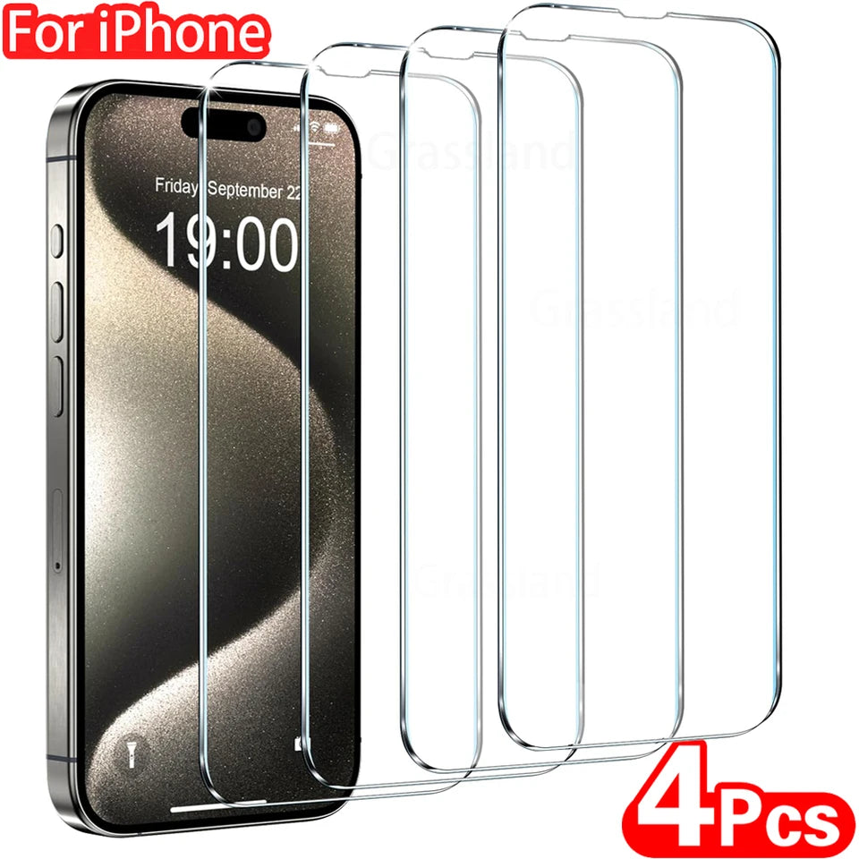 Protetor de Tela de Vidro Temperado para iPhone, Película Protetora, 15, 14, 13, 12, 11 Pro Max, 6, 7, 8 Plus, X, XS, XR, 4Pcs