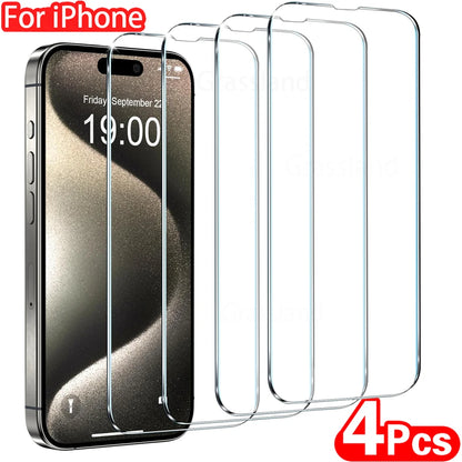 Protetor de Tela de Vidro Temperado para iPhone, Película Protetora, 15, 14, 13, 12, 11 Pro Max, 6, 7, 8 Plus, X, XS, XR, 4Pcs