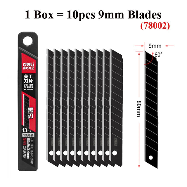 Deli 10pcs/box Knife Blade 9mm 18mm SK5 Metal Blades for Home School Supplies Art Craft Paper Box Cutting Utility Knife Tool