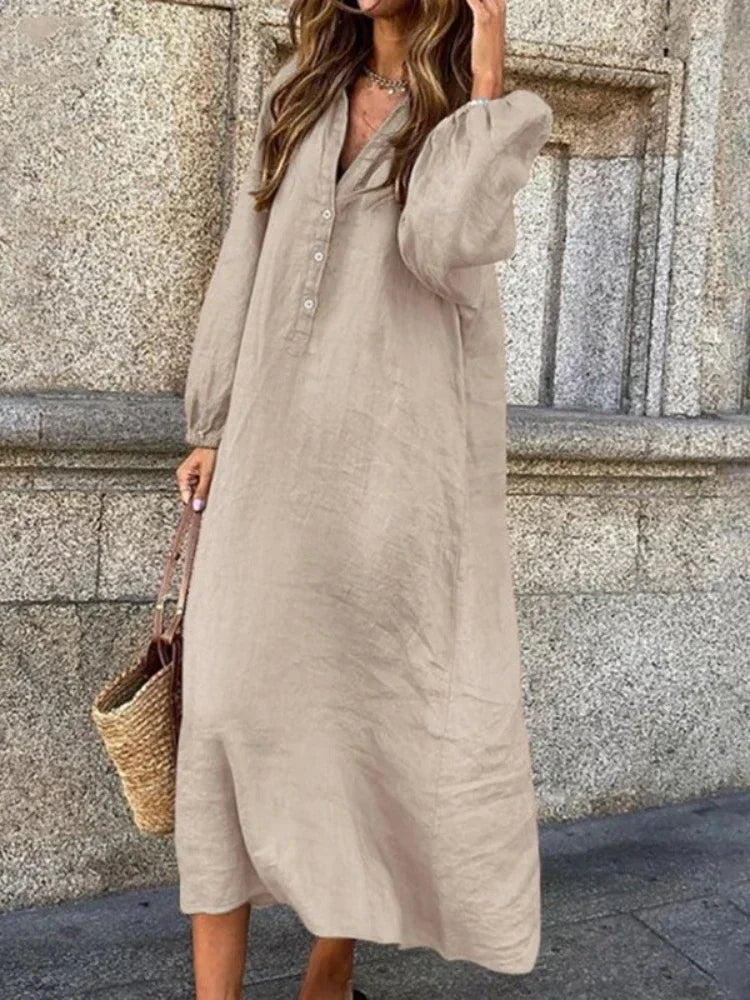 Vestido de algodão e cânhamo feminino, robe de manga comprida, decote em v, meio aberto, monocromático, casual, elegante, tamanhos grandes, moda verão, 2022