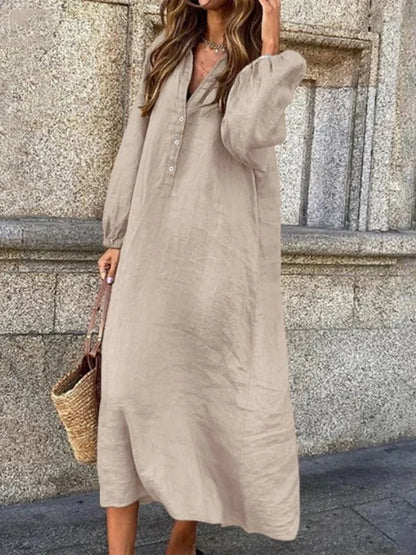 Vestido de algodão e cânhamo feminino, robe de manga comprida, decote em v, meio aberto, monocromático, casual, elegante, tamanhos grandes, moda verão, 2022