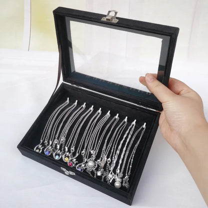 Caja de joyería negra, caja para pulseras, caja para collares, caja pequeña arqueada, caja de exhibición, caja de almacenamiento de joyas con cubierta de franela