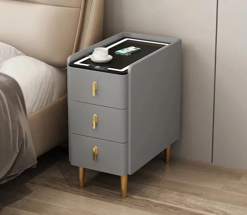 Nordic Style Intelligent Solid Wood Bedside Table Faux Leather 3 Drawers Nightstands with Wireless Charging Side Storage Cabinet
