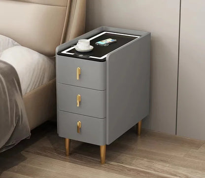 Nordic Style Intelligent Solid Wood Bedside Table Faux Leather 3 Drawers Nightstands with Wireless Charging Side Storage Cabinet