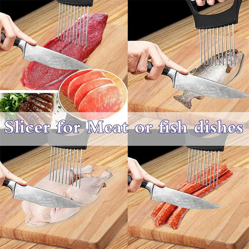 Food Slicing Assistant Kitchen Cutting Tool Durable Onion Cutting Stand with Comfort Handle Stainless Steel Onion Needle Kitchen