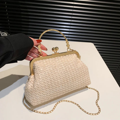 Summer Beach Straw Bags Exquisite Gold Chain Party Banquet Purse Hand Woven Handbag Female Clutch Bag Shoulder Crossbody Bags