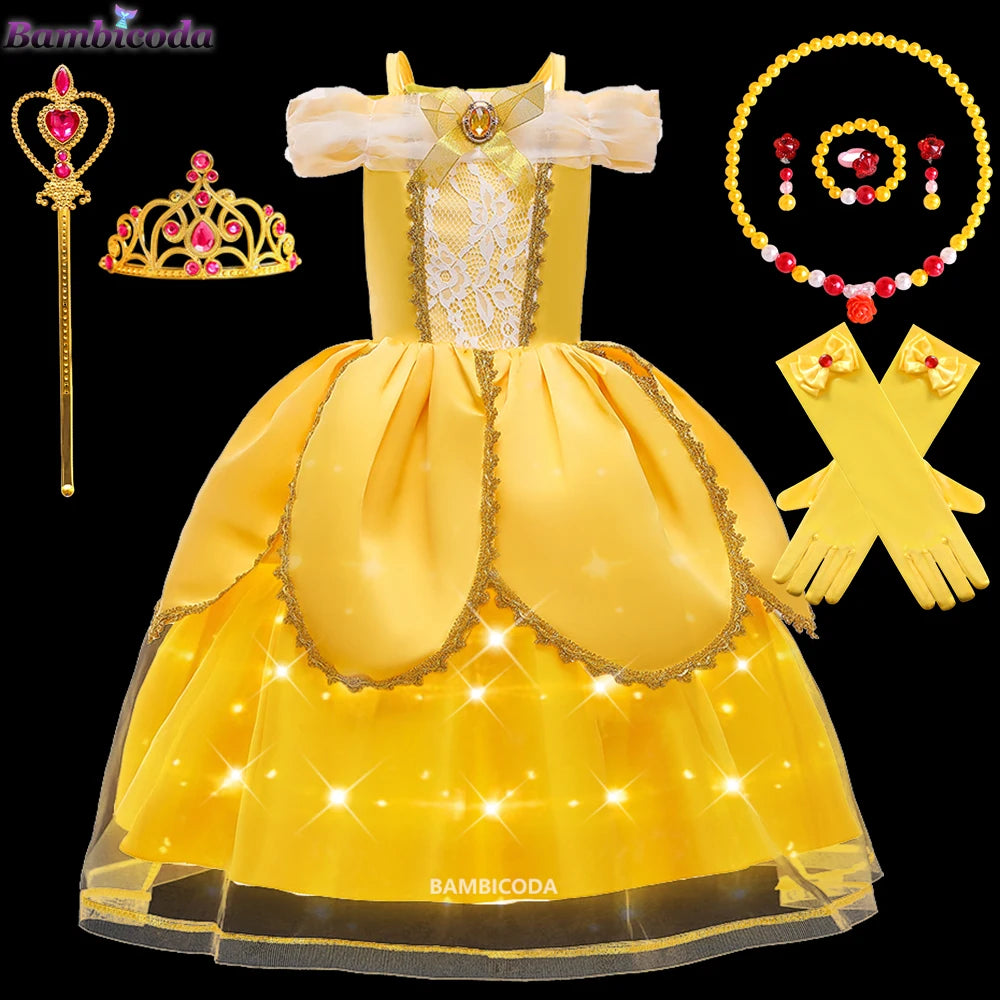 2025 Cosplay Belle Princess Dress Girls Dresses For Beauty and beast Party Clothing Magic stick crown Costume 3-12Y
