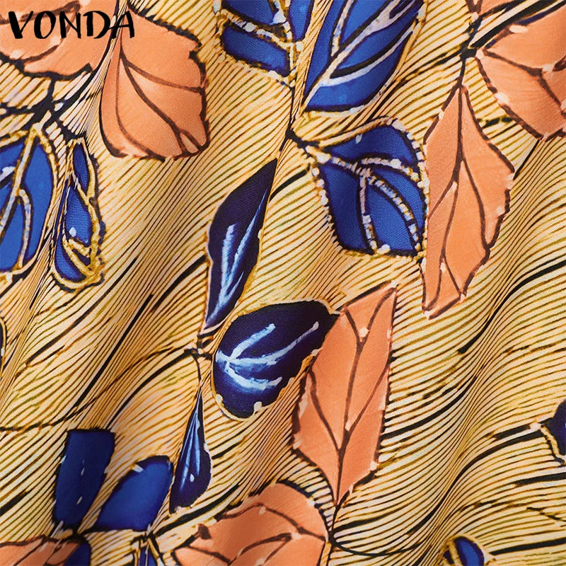 Plus Size VONDA Women Bohemian Maxi Dresses 2024 Casual Floral Printed Sundress Lace Patchwork Round Neck Elegant Robe Vestido