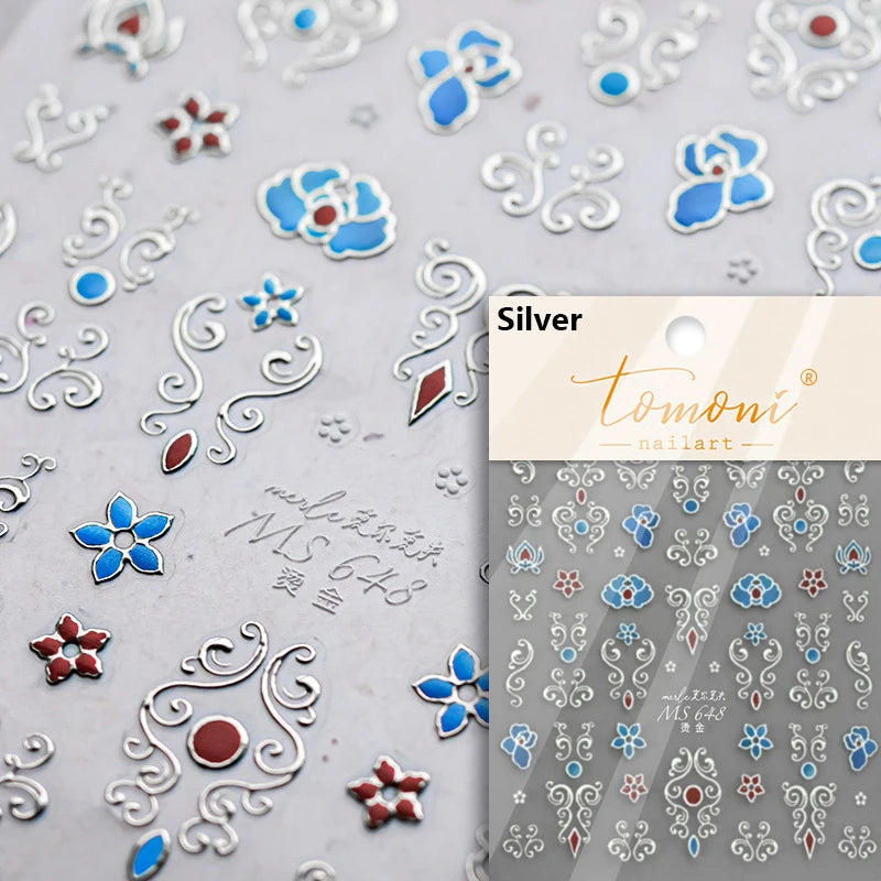 Flash Dreamy Chinese Flower Window Butterfly Glazed Rococo Geometric Frame Stamp Embossed Relief Nail Art Sticker Manicure Decal