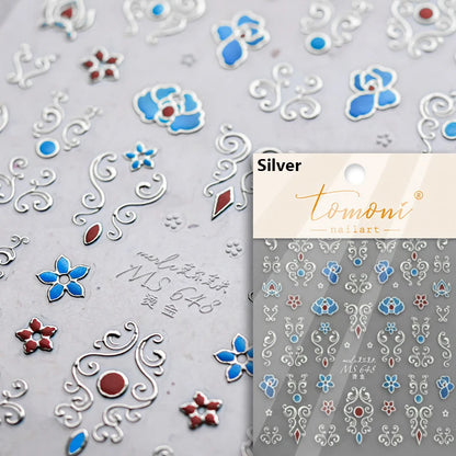 Flash Dreamy Chinese Flower Window Butterfly Glazed Rococo Geometric Frame Stamp Embossed Relief Nail Art Sticker Manicure Decal