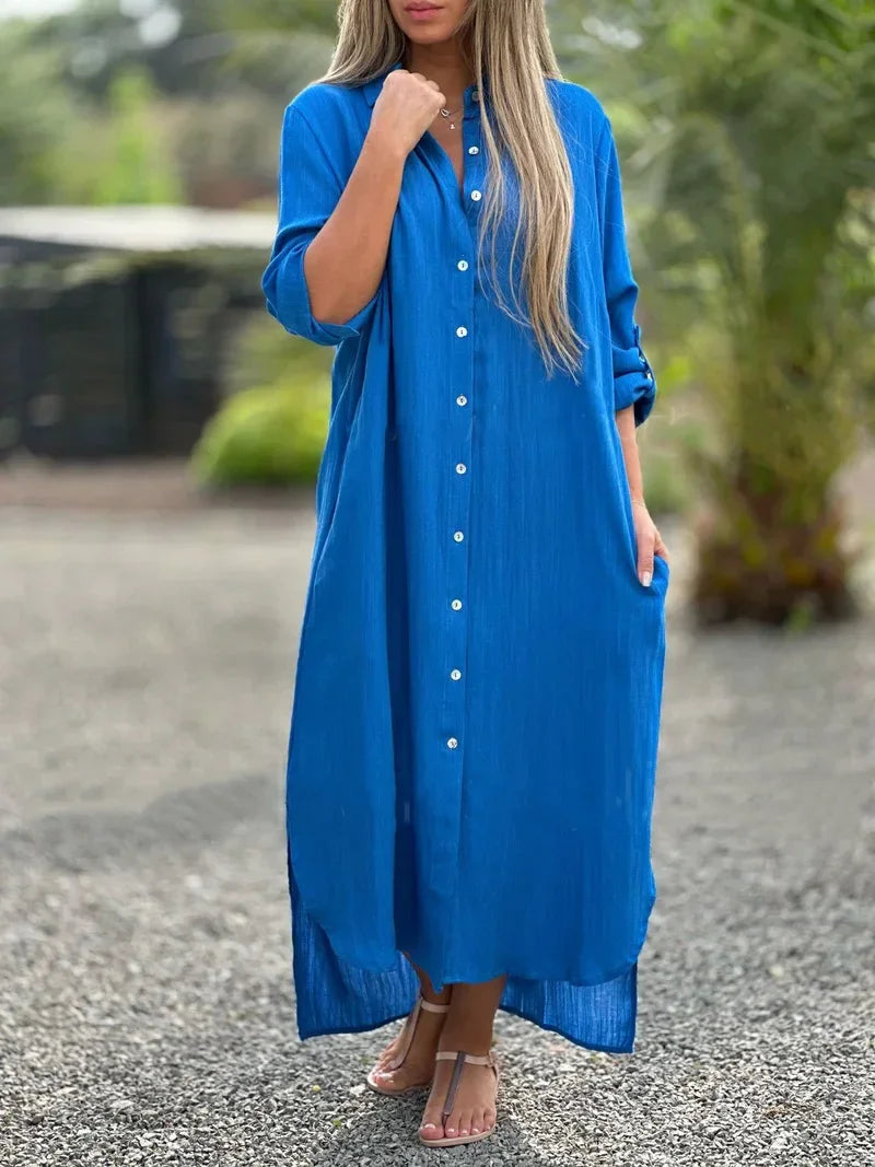 Vestido longo de algodão e cânhamo feminino, camisa elegante, manga longa casual, estilo praia, plus size, verão, novo