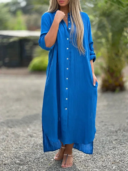 Vestido longo de algodão e cânhamo feminino, camisa elegante, manga longa casual, estilo praia, plus size, verão, novo