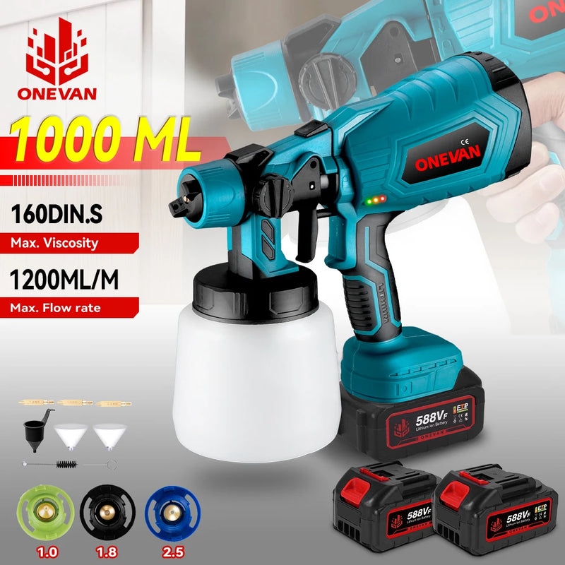 1000ML Electric Spray Gun Cordless Paint Sprayer Auto Furniture Household Sprayer Flow Control Power Tool For 21V 18V Battery
