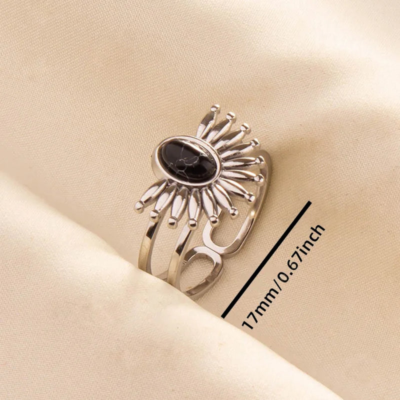 1pc Boho Turquoise Ring Stainless Steel Black Stone Silver Color Adjustable Ring Women Ethnic Ring Bohemian Jewelry Gift No Fade
