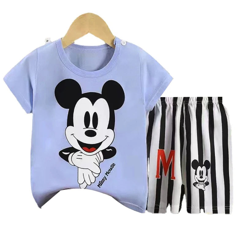 Mickey Mouse Summer T-shirt Shorts Children's Short Sleeve Set Cotton Tees Tracksuits Boys Girls Clothes Casual Two Piece