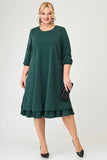 Vestido tamanho grande lantejoula com bainha plissada, manga 3/4, gola redonda, solto, vintage, casual, elegante, mãe da noiva, Midi, moda, 2024