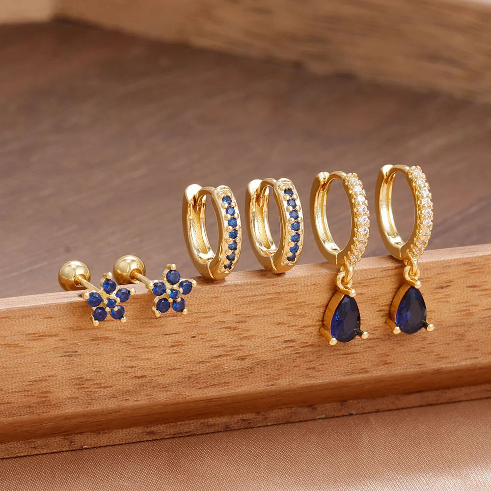 6PCS Cubic Zirconia Stainless Steel 14K Gold Plated Water Drop Earrings Five-Petaled Flowers ear stud For Women Set Jewelry Gift