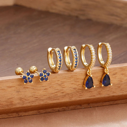 6PCS Cubic Zirconia Stainless Steel 14K Gold Plated Water Drop Earrings Five-Petaled Flowers ear stud For Women Set Jewelry Gift