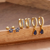 6PCS Cubic Zirconia Stainless Steel 14K Gold Plated Water Drop Earrings Five-Petaled Flowers ear stud For Women Set Jewelry Gift