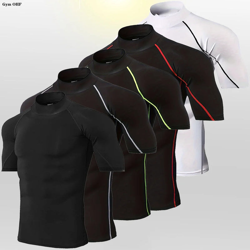 Novas camisetas esportivas masculinas de pescoço alto ginásio rápido fitness correndo compressão topos casual ao ar livre camisa masculina roupas de proteção solar