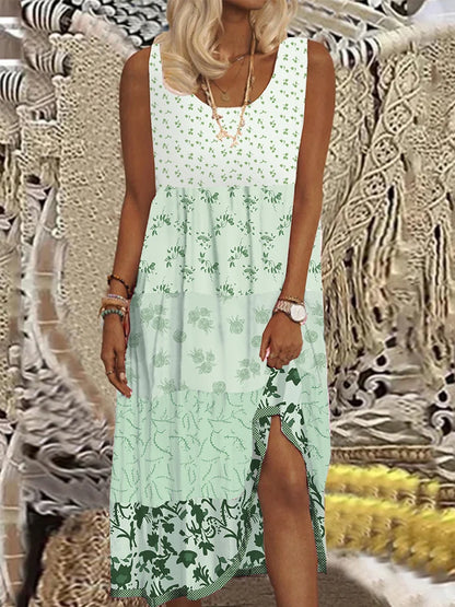 Plus size casual feminino midi vestido 2025 verão novo floral impresso sem mangas pescoço plano a linha boêmio vestidos de praia