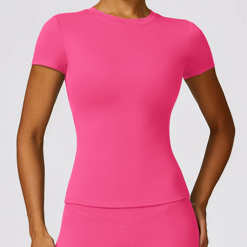 NCLAGEN - Camiseta deportiva para mujer, para correr, de verano, de manga corta, cuello redondo, transpirable, elástica, para gimnasio, yoga, fitness, ajustada, activa