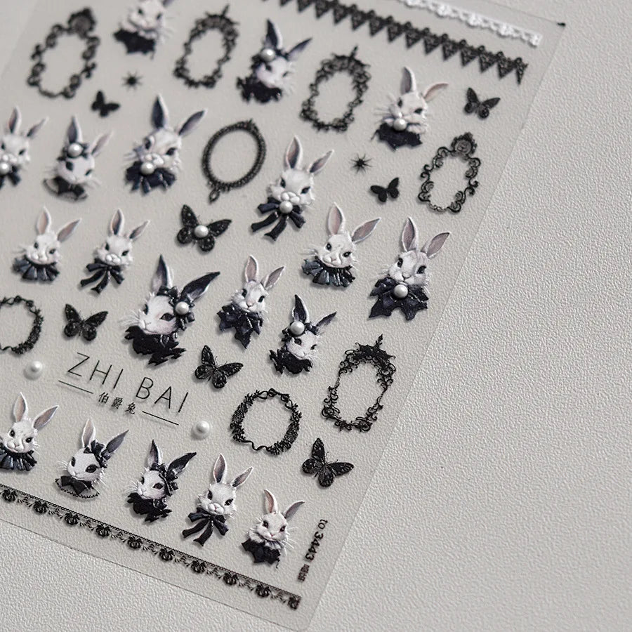 Japanese Punk Style Black Rabbit & Dark Butterfly Nail Stickers 5D Pearl Nail Art Decal Design Manicure Tool High Quality