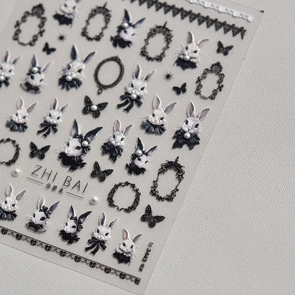 Japanese Punk Style Black Rabbit & Dark Butterfly Nail Stickers 5D Pearl Nail Art Decal Design Manicure Tool High Quality