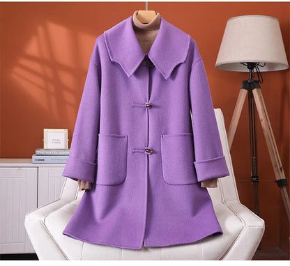 2025 Fashion Large Lapel Horn Button Women's Coat Autumn and Winter New Double-Sided Woolen 100%Pure Wool Warm Coat Large Pocket