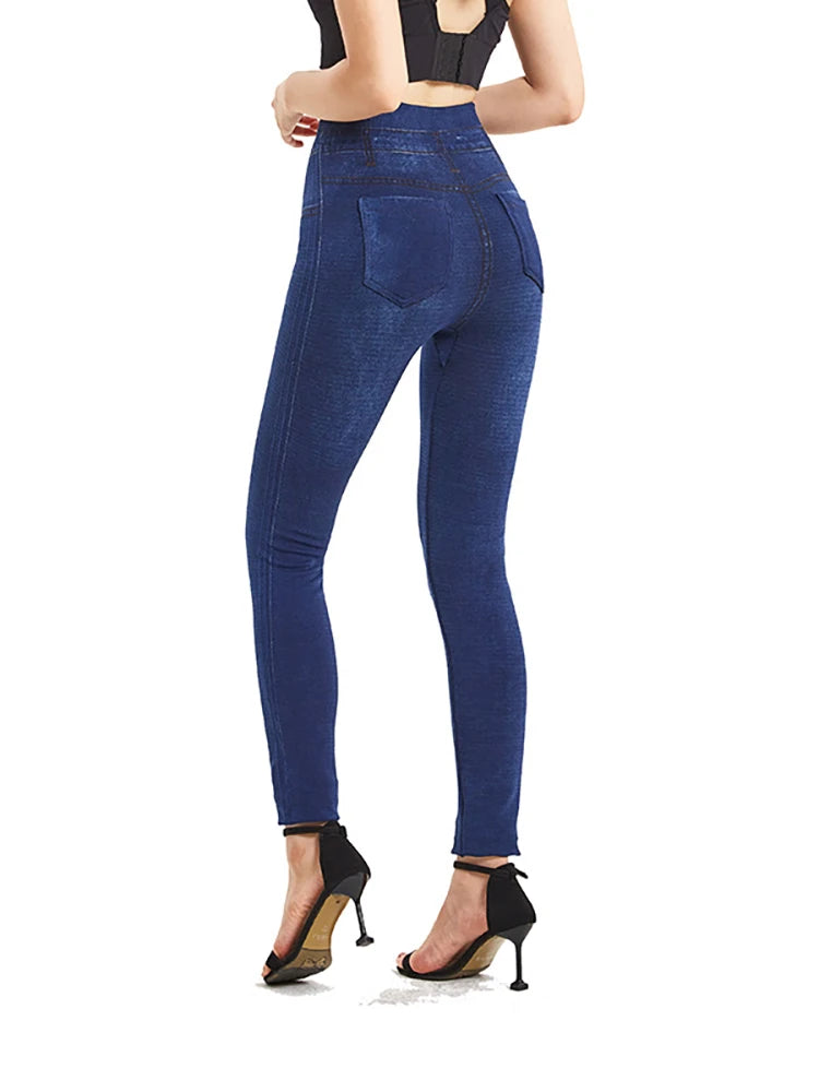 Visnxgi elástico cor sólida plus size jeggings moda jeans falsos feminino apertado sem costura bolso leggings calças lápis macias