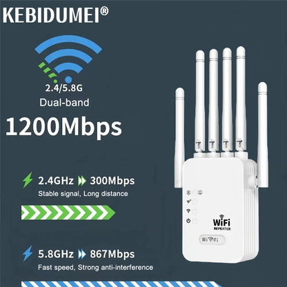 1200Mbps Wireless WiFi Repeater WIFI Extender WiFi Booster 2.4G/5G Network Amplifier 360° Full Coverage Signal For Small Office