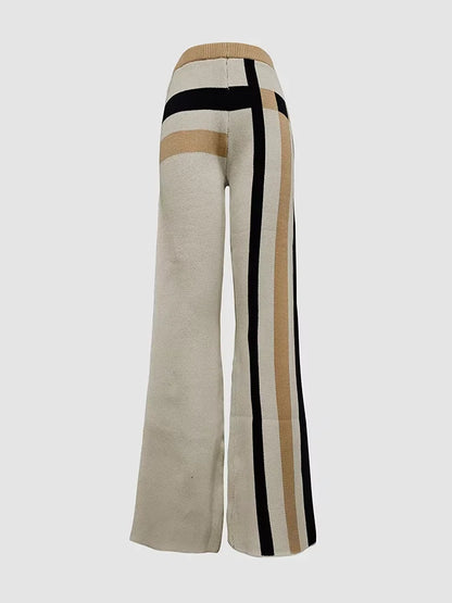 Beautyblue 2 Piece Sets Women Outfit Pant Sets 2025 New Round-Neck Pullovers Khaki Sweater Striped Wide Leg Pants Tops&Bottoms