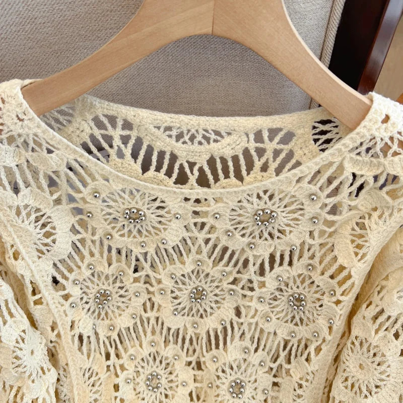 Casual Long Sleeve Elegant cardigan Beading O-neck Chic Vintage Hook Flower Hollow Out Top Plus Size Clothing