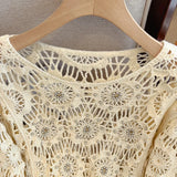 Casual Long Sleeve Elegant cardigan Beading O-neck Chic Vintage Hook Flower Hollow Out Top Plus Size Clothing