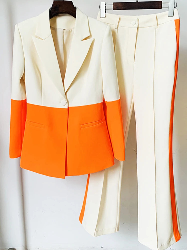 HIGH QUALITY Newest 2025 Star Style Fashion Designer Runway Suit Set Women's Single Button Color Block Blazer Flare Pants Suit