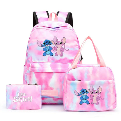 3pcs Disney Lilo Stitch Colorful Backpack with Lunch Bag for Women Student Teenagers Rucksack Casual School Bags Sets