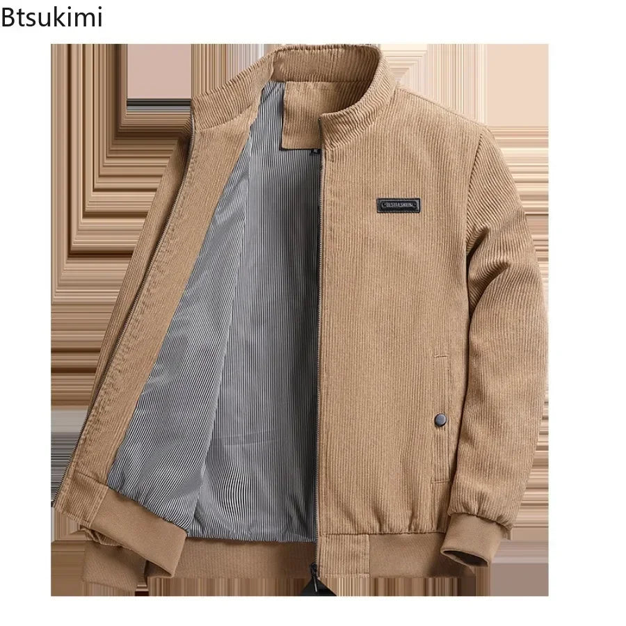 2024 Men's Casual Warm Jacket Spring Autumn Solid Color Stand Bomber Coat Men Corduroy Outwear Fashion Zipper Slim Jacket Men