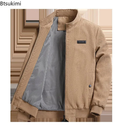 2024 Men's Casual Warm Jacket Spring Autumn Solid Color Stand Bomber Coat Men Corduroy Outwear Fashion Zipper Slim Jacket Men