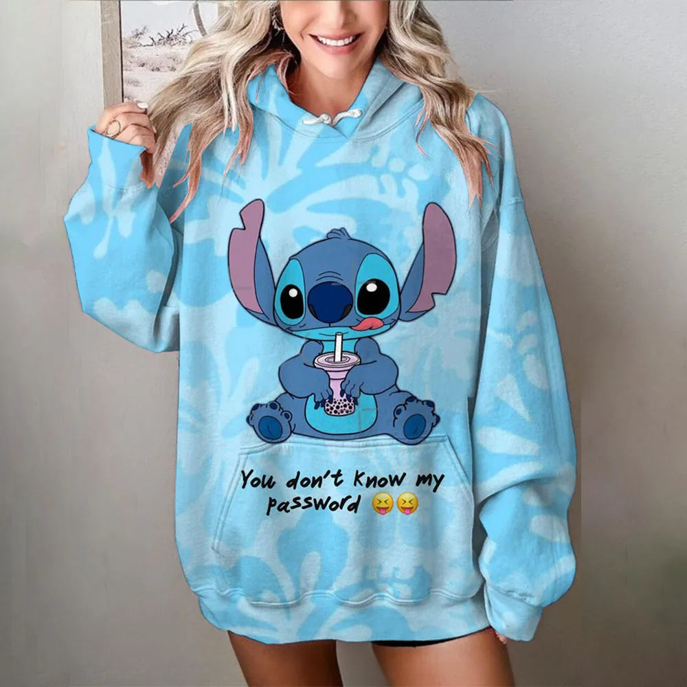 Disney stitch impressão dos desenhos animados camisola com capuz jaqueta roupas com capuz design oversize sentimento solto e confortável