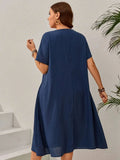 Plus Size Women's Summer Navy Blue Loose Dress - Figure-Flattering Irregular Midi Skirt for Curvy Ladies, Elegant Casual A-Line