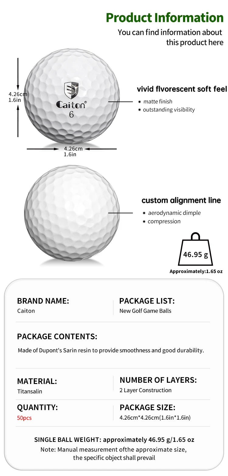 Caiton 50pcs 3-Layer Golf Balls - 332 Dimple, Max Distance, Spin Control, Durable, Accurate - Ideal for Training & Play