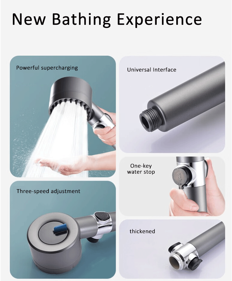 Cabezal de ducha de alta presión con 4 modos de ducha ajustables y filtros de cepillo de masaje, accesorios de baño para ahorrar agua.