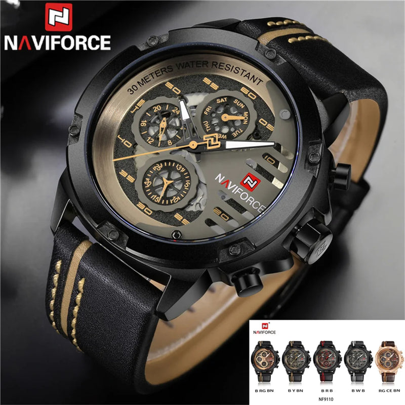 NAVIFORCE Men Watch Sport Man Wristwatch Top Brand Luxury Gold Military Date Week Genuine Leather Quartz Male Clock Gift 9110